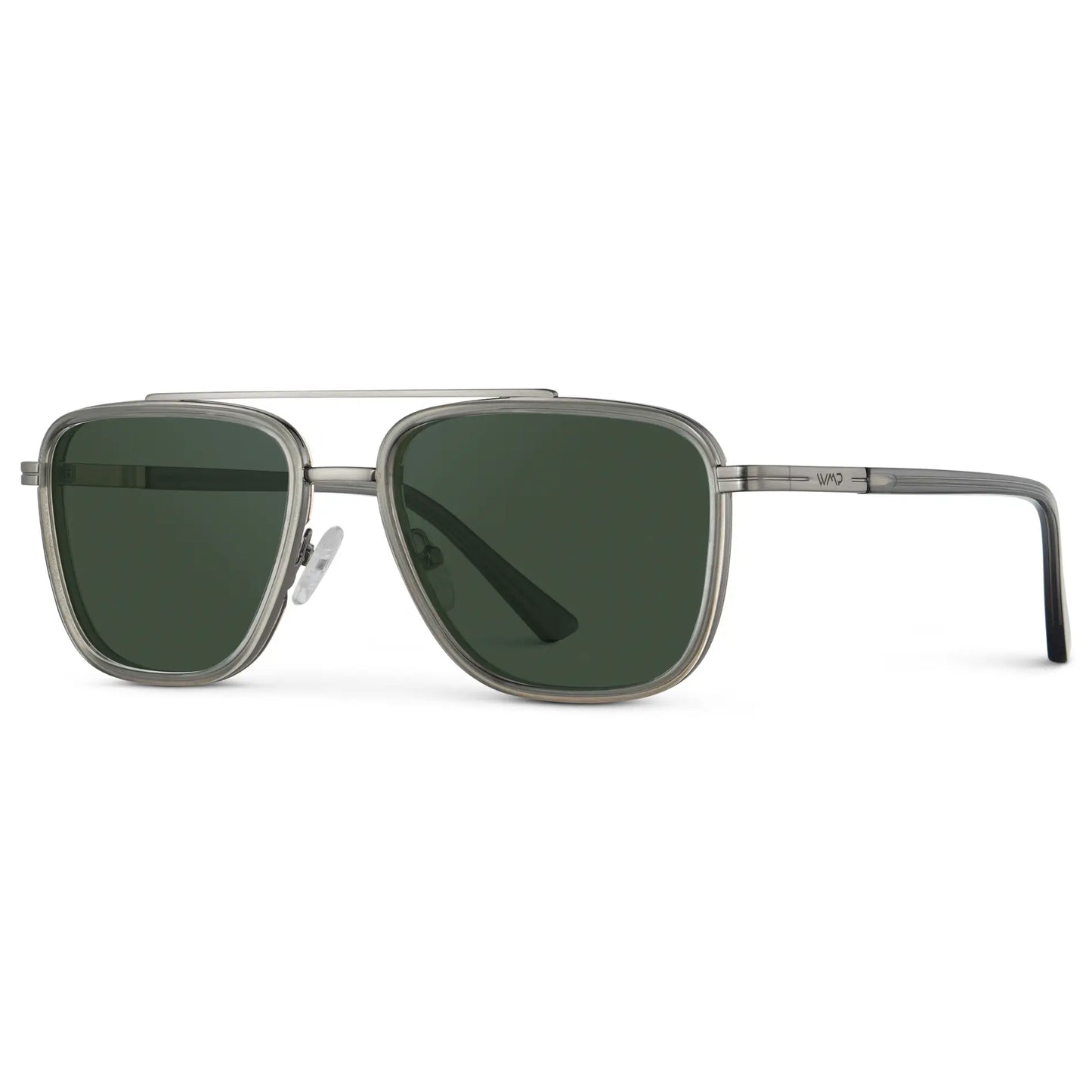 Smoke Grey / G15 || Side view of Men's Metal Double Bridge Aviator Prescription Sunglasses with Smoke Grey frame and Green Lens on a white background