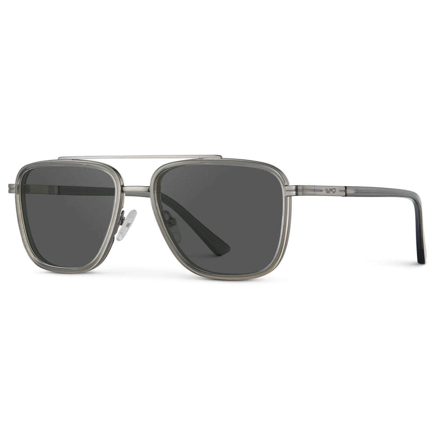 Smoke Grey / Grey || Side view of Men's Metal Double Bridge Aviator Prescription Sunglasses with Smoke Grey frame and Grey Lens on a white background