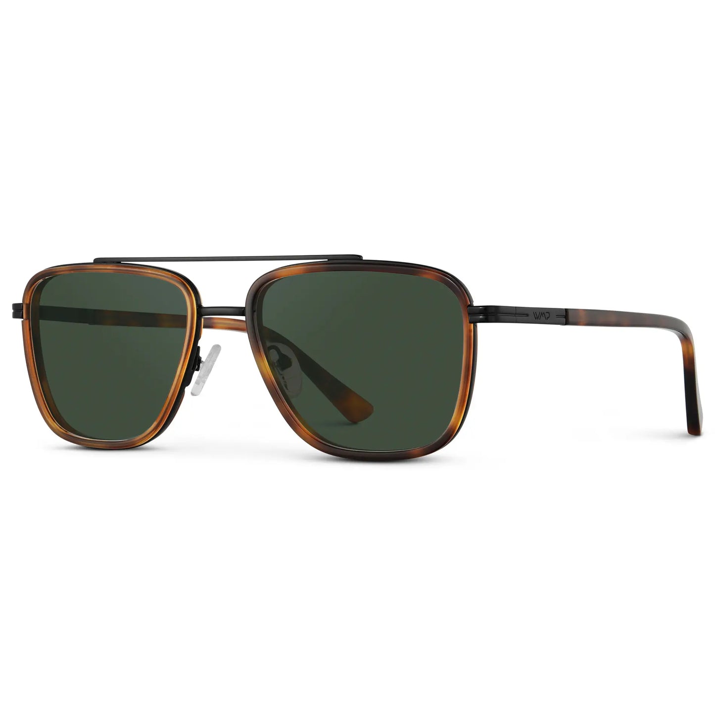 Brown Tortoise / G15 || Side view of Men's Metal Double Bridge Aviator Prescription Sunglasses with Brown Tortoise frame and Green Lens on a white background
