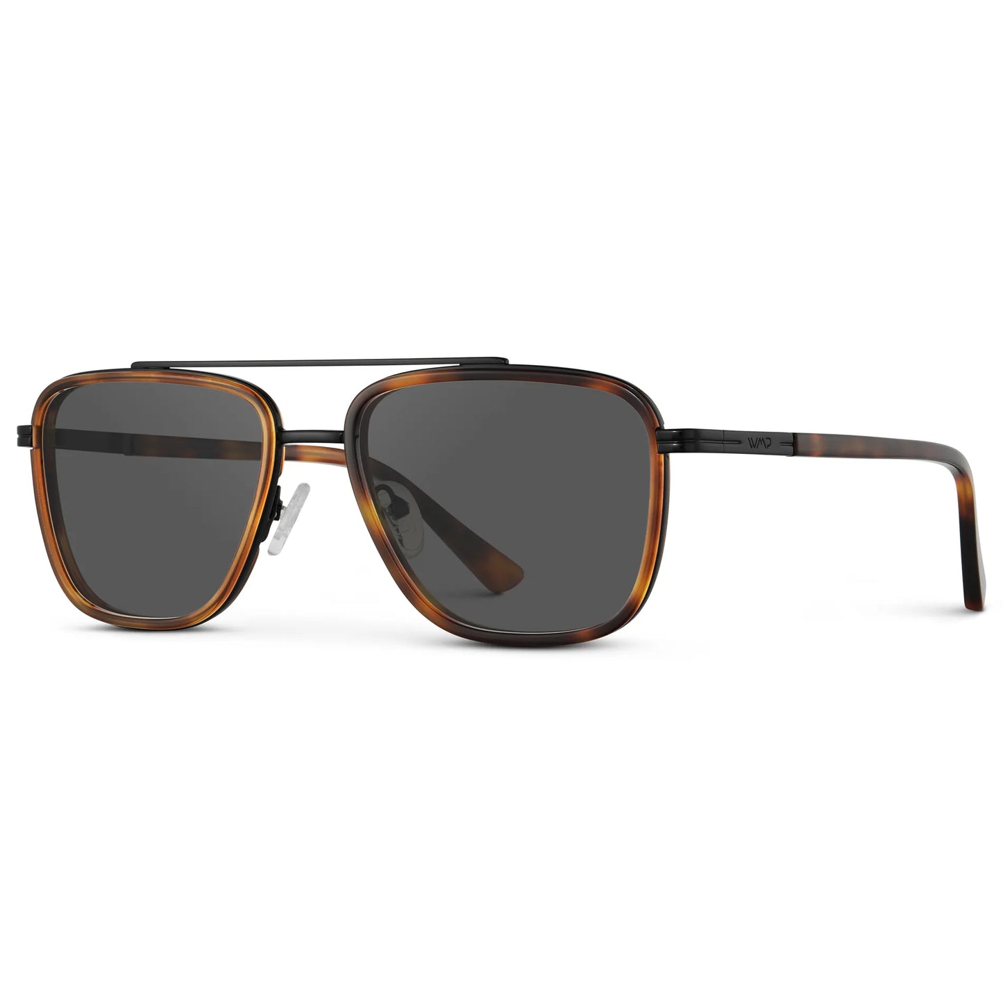 Brown Tortoise / Grey || Side view of Men's Metal Double Bridge Aviator Prescription Sunglasses with Brown Tortoise frame and Grey Lens on a white background