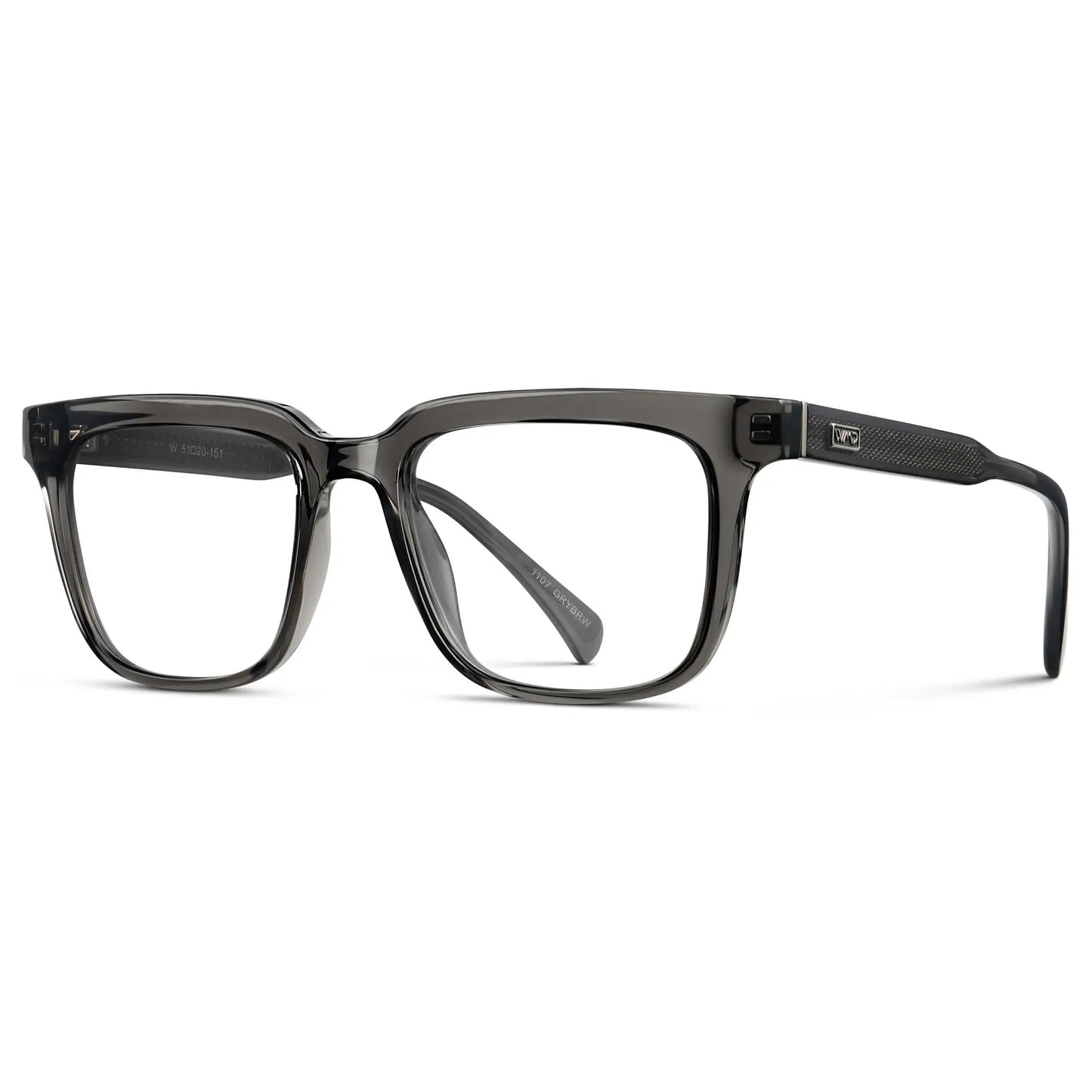 Smoke Grey || Side view of Men's Thick Square Eyeglasses with Smoke Grey Acetate Frame and Clear Prescription Lens on a white background