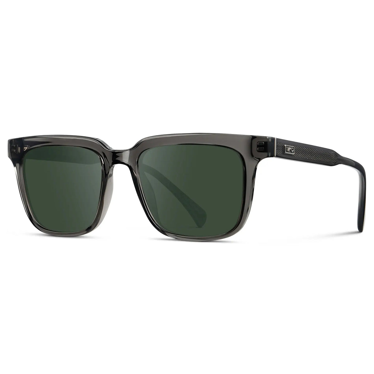 Smoke Grey / G15 || Side view of Men's Thick Square Prescription Sunglasses with Smoke Grey Acetate Frame and Green Lens