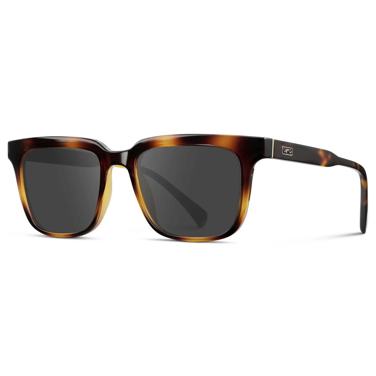 Whiskey Tortoise / Grey || Side view of Men's Thick Square Prescription Sunglasses with Whiskey Tortoise Acetate Frame and Grey Lens