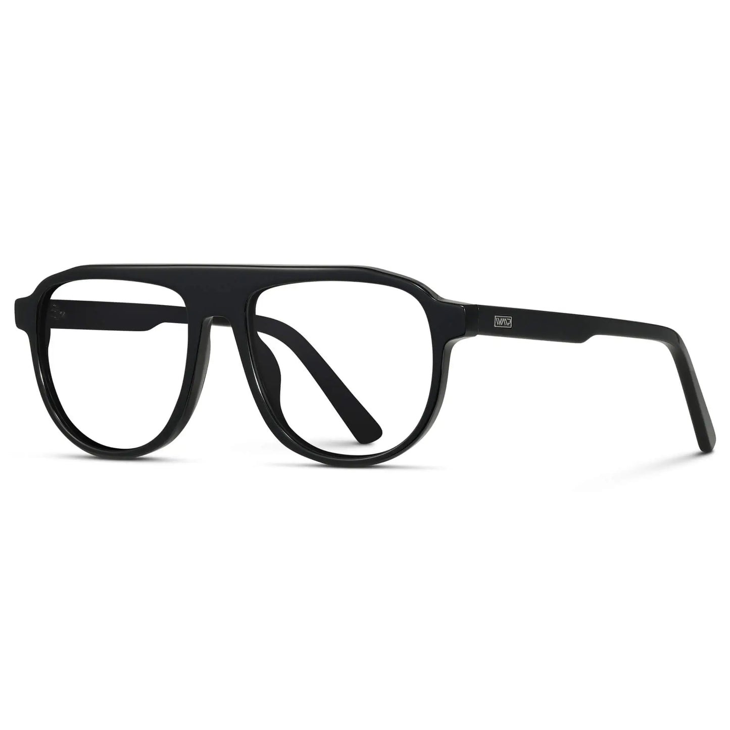Glossy Black || Side view of Men's Aviator Prescription Eyeglasses with Black Frame and Clear Lenses on a white background