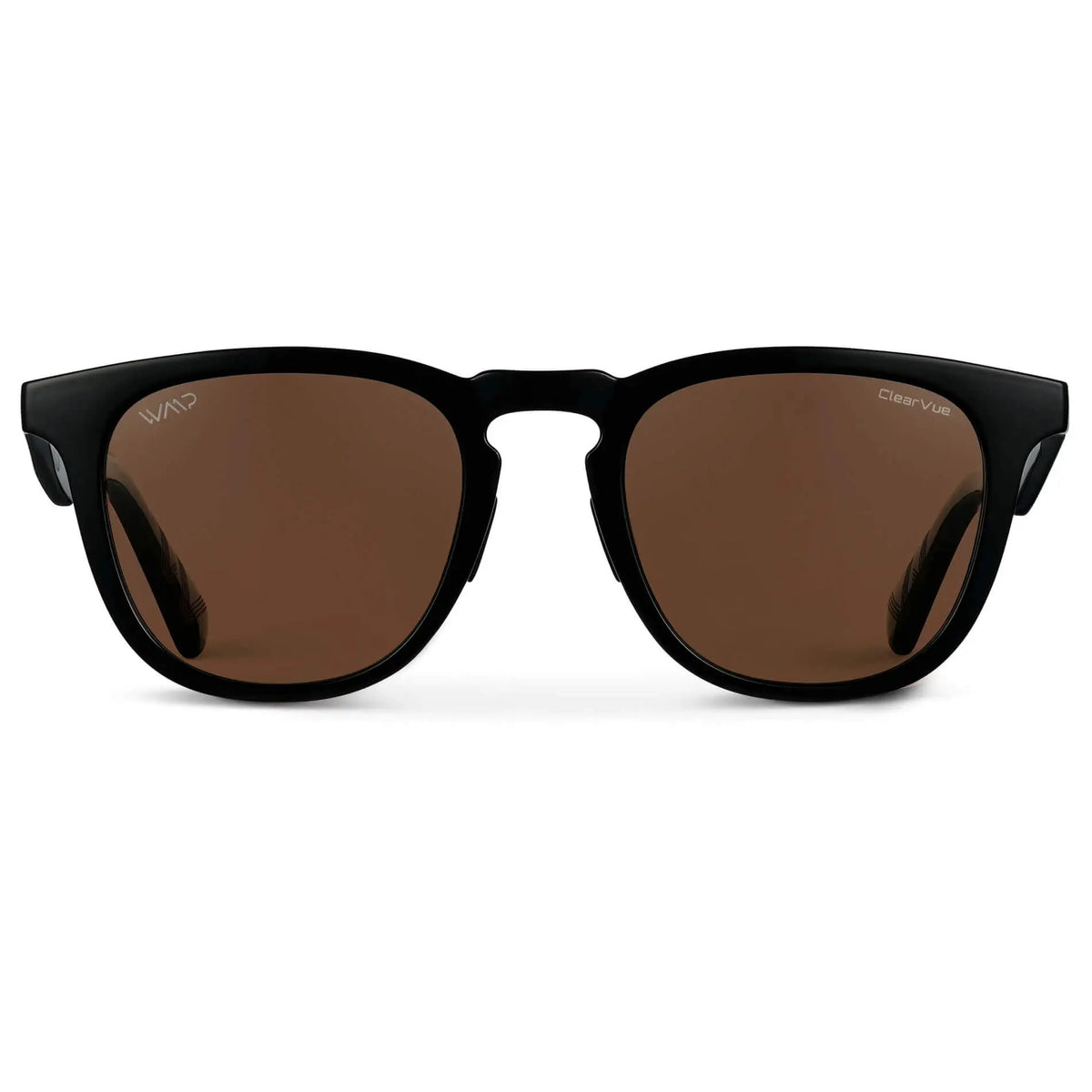 Front view of Men's Medium Fit Round Polarized Golf Sunglasses with Black Frame and Brown Lens on a white background