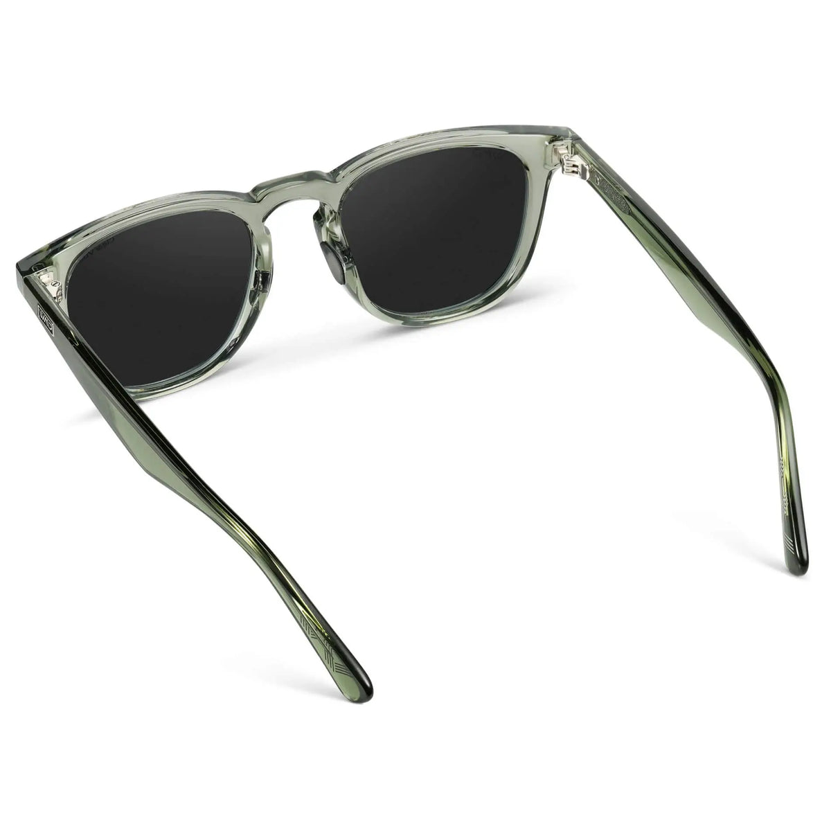 Back view of Men's Wide Fit Round Polarized Golf Sunglasses with Crystal Agave Green Frame and Black Lens on a white background