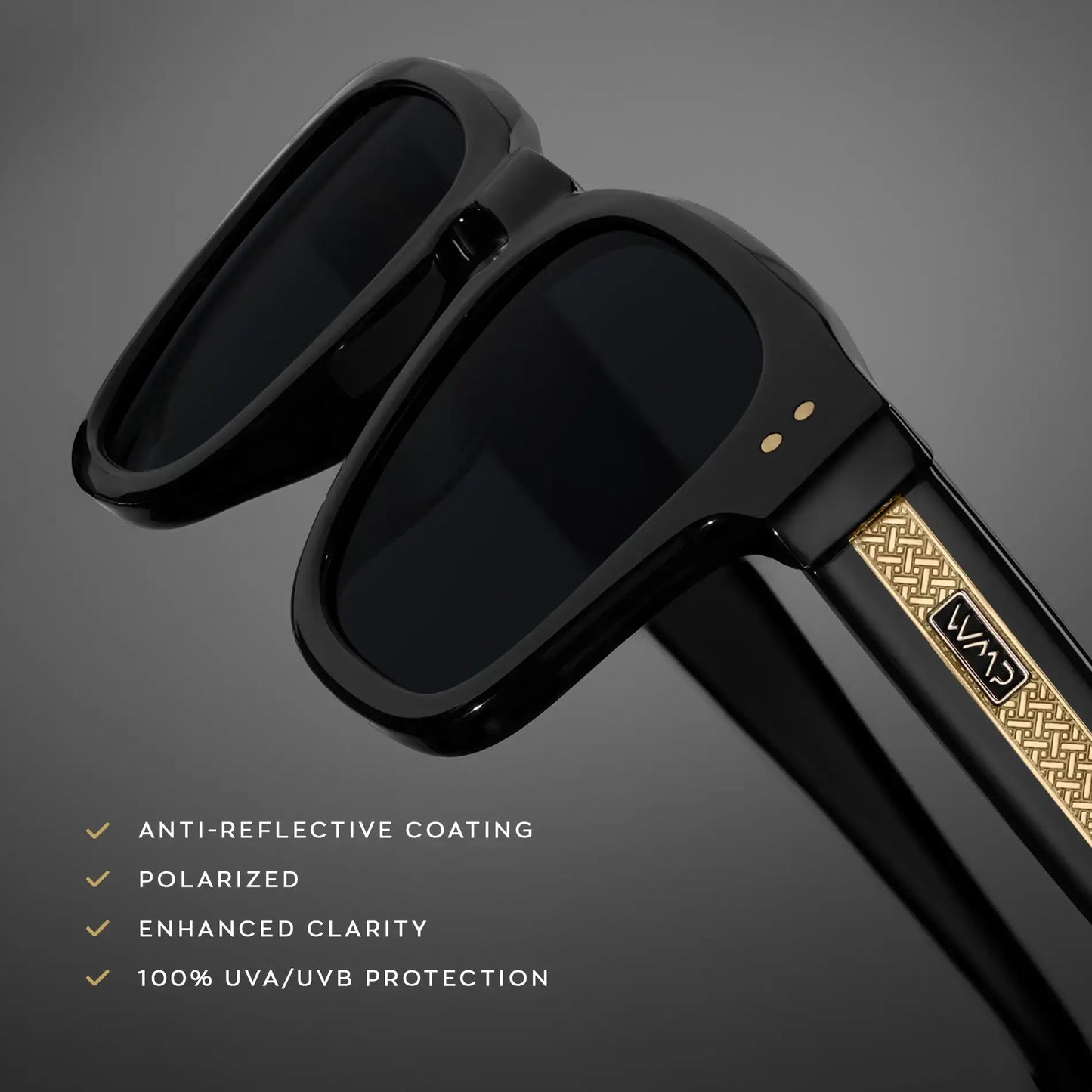 Black / Triple Black Lens || Graphic showcasing style features Exposed Core Construction, Durable 5-Barrel Hinges, and Polarized and Anti-Reflective Lens