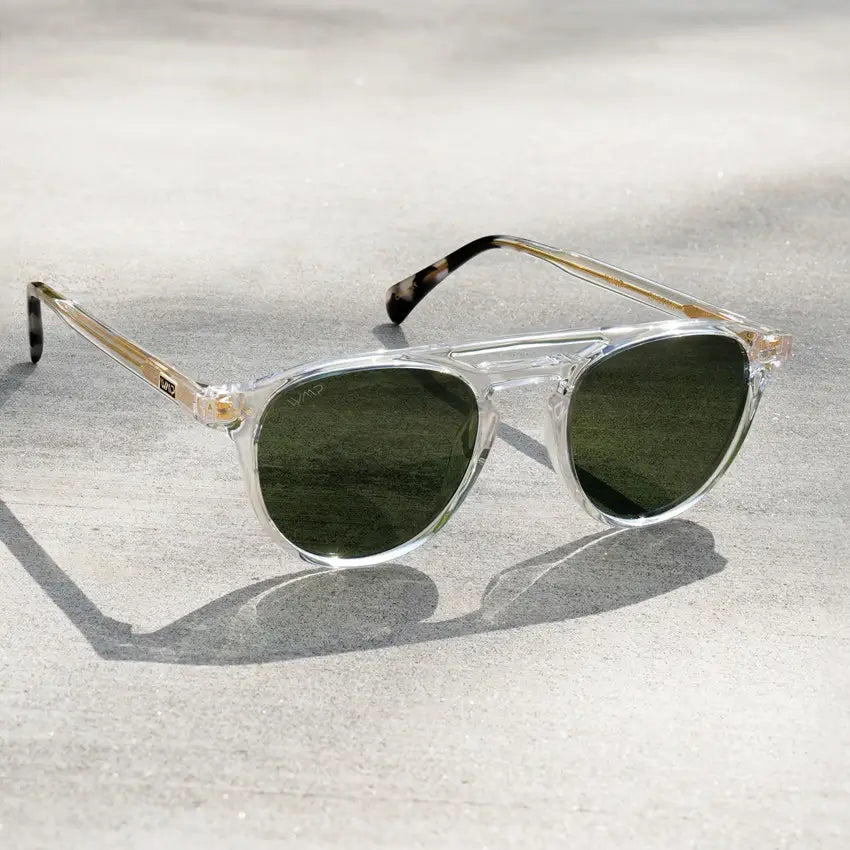 Clear / Smoke Green Lens || Clear Round Frame Sunglasses with Green Polarized Lenses