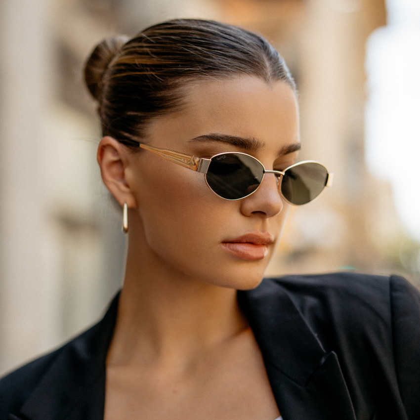 Gold / Smoke Green Lens || Trendy oval shape gold metal thick temple sunglasses with smoke green lenses
