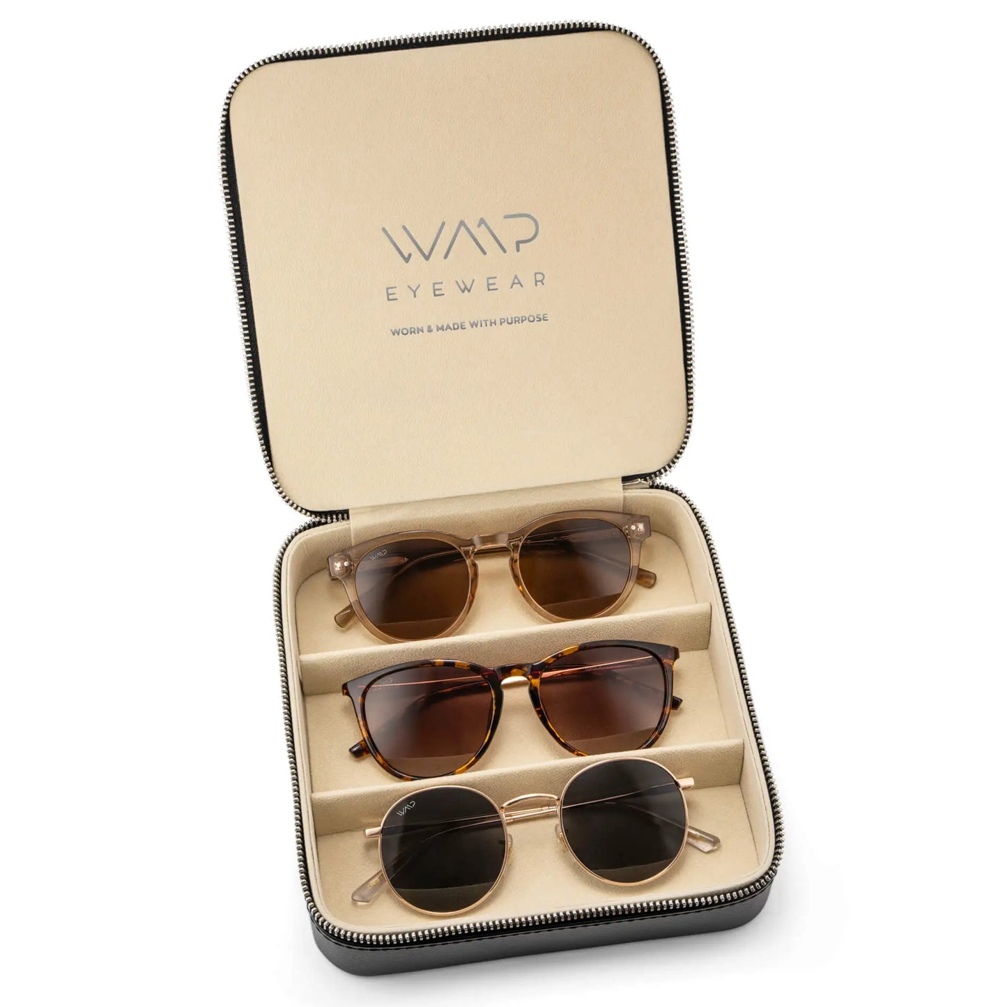 Black Case || Three pairs of sunglasses with translucent, tortoiseshell, and gold frames in beige case