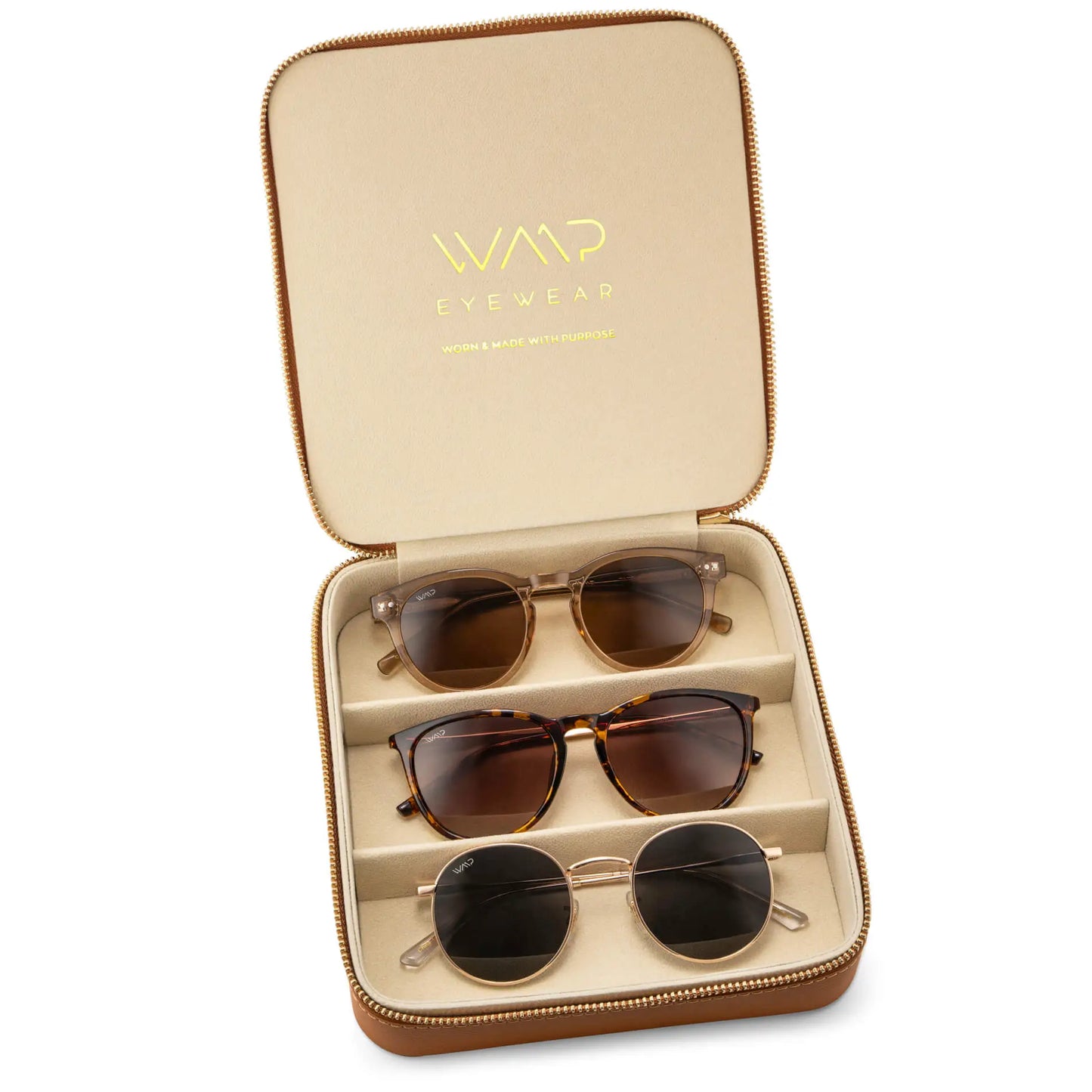 Brown Case || Three pairs of stylish sunglasses neatly arranged in a tan zippered case with gold lettering on the lid