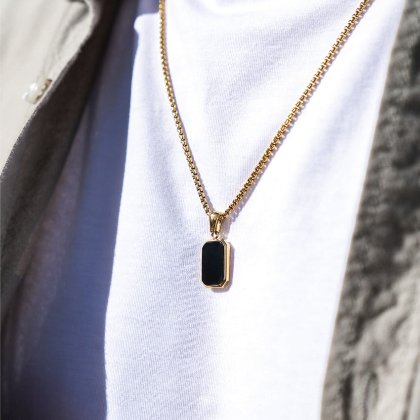 Gold / Dusk Black Pendant || Affordable Statement Necklace with Black Rectangular Pendant