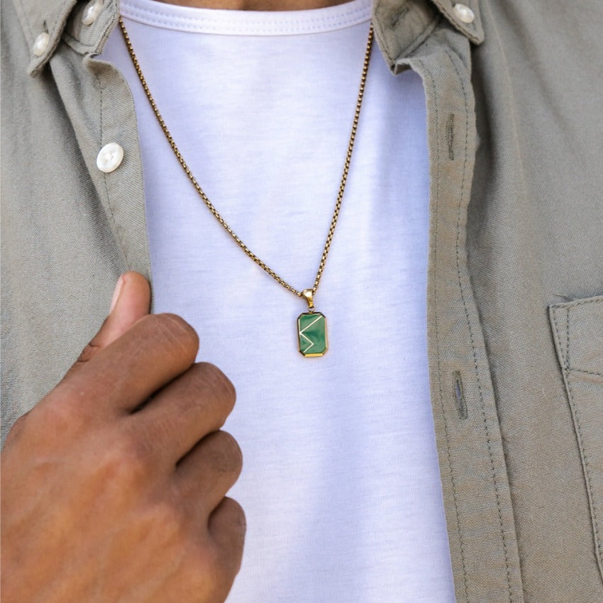 Gold / Napier Green Pendant || Affordable Statement Necklace with Green Rectangular Pendant