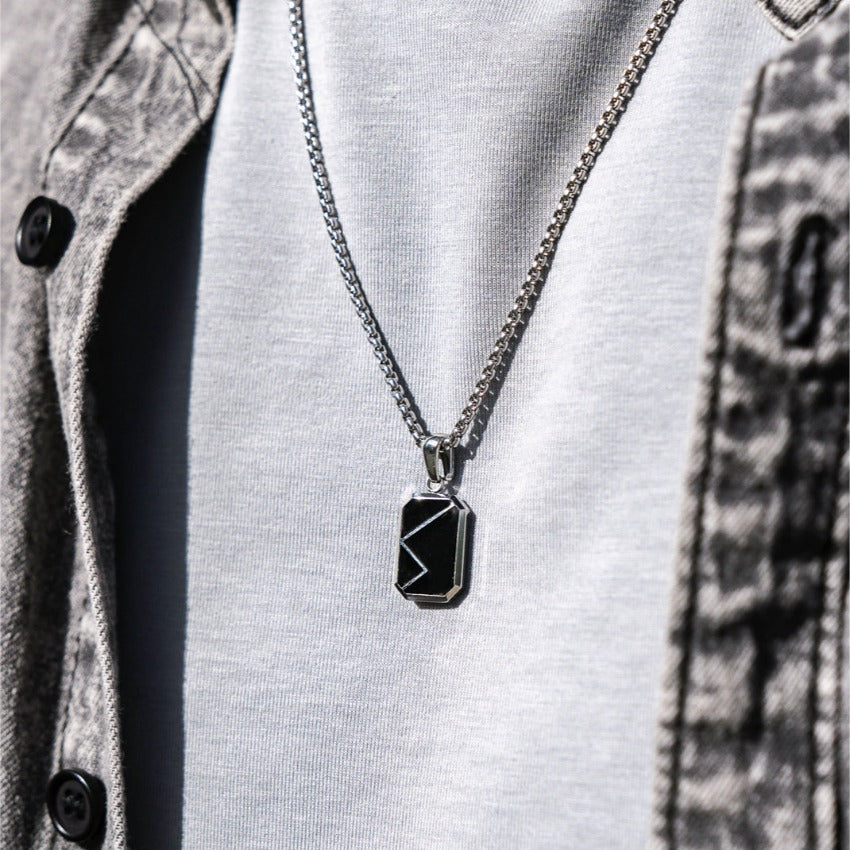 Silver / Dusk Black Pendant || Affordable Statement Necklace with Black Rectangular Pendant