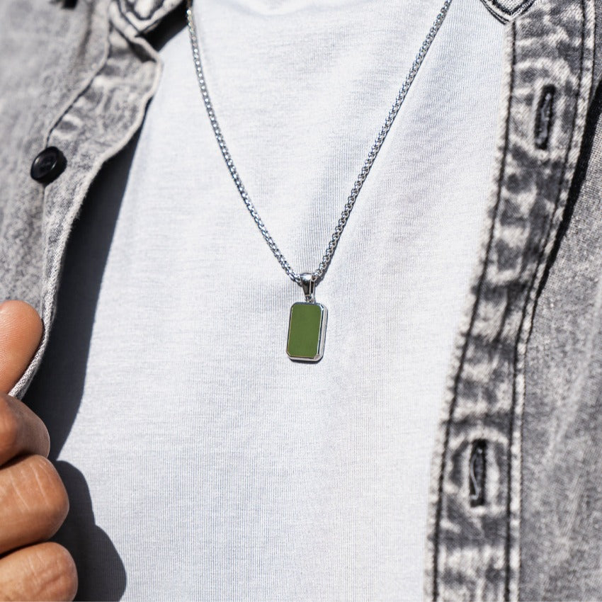 Silver / Pine Green Pendant || Affordable Statement Necklace with Green Rectangular Pendant
