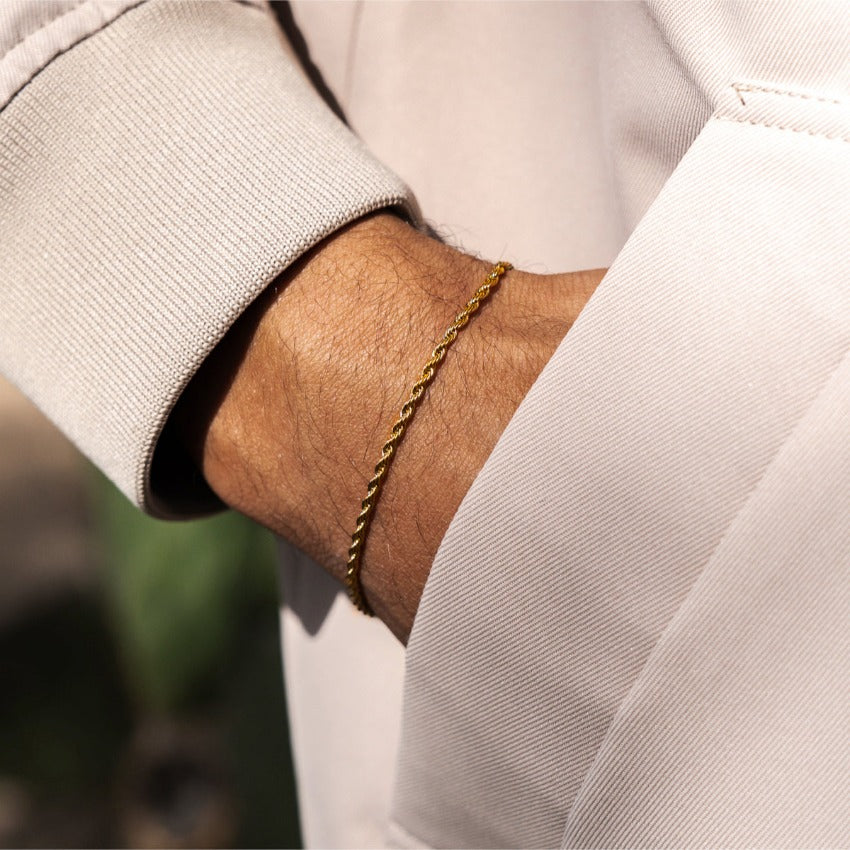 Gold || Men's Bracelet with 14K Gold Plated Twisted Rope Detail and Adjustable Clasp