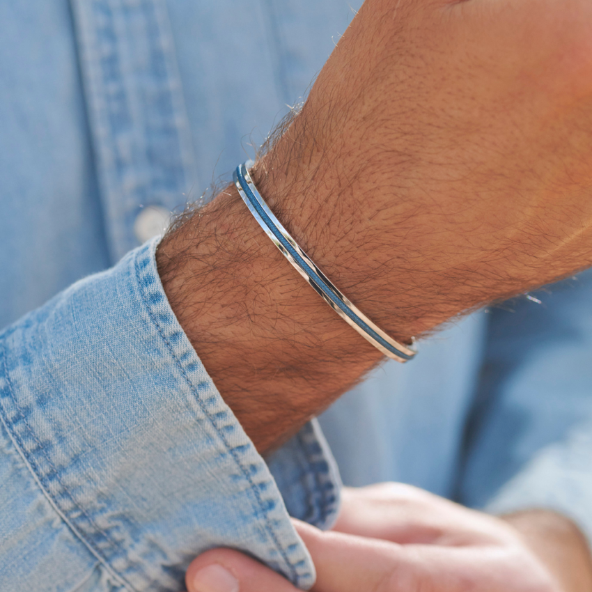 Denim Blue / Silver || Silver and Blue Adjustable Bracelet Set for Men