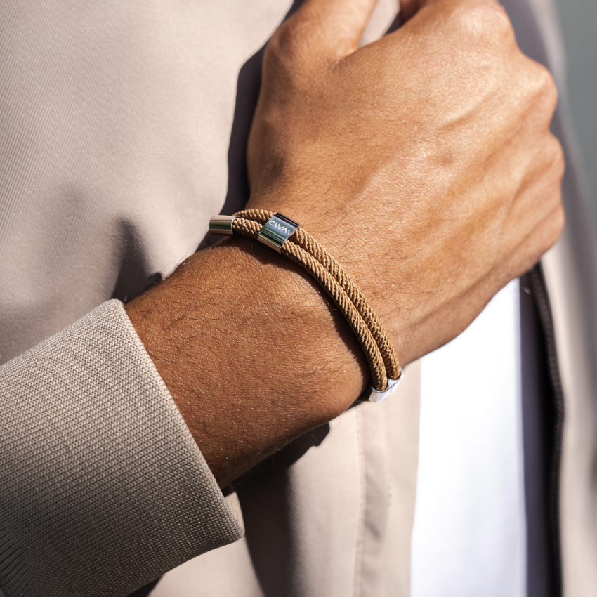 Desert Tan / Silver || Minimalist Silver Men's Bracelet with Brown Rope Adjustable Detail