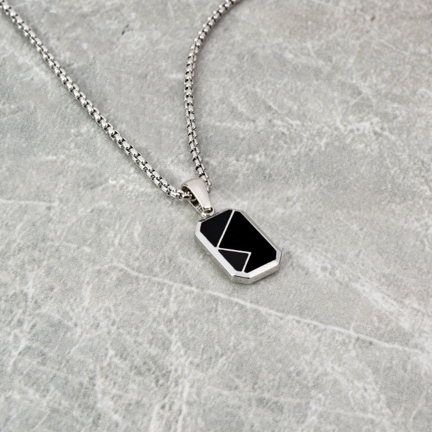 Silver / Dusk Black Pendant || Handmade Staple Necklace with Silver Stainless Steel Chain and Black Porcelain Pendant