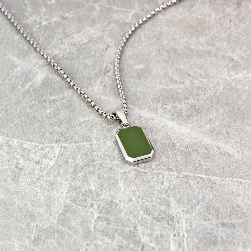 Silver / Pine Green Pendant || Handmade Staple Necklace with Silver Stainless Steel Chain and Green Porcelain Pendant