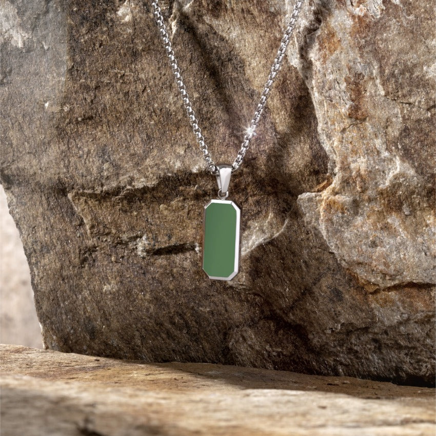 Silver / Sage Pendant || Affordable Statement Necklace with Green Rectangular Pendant for Men