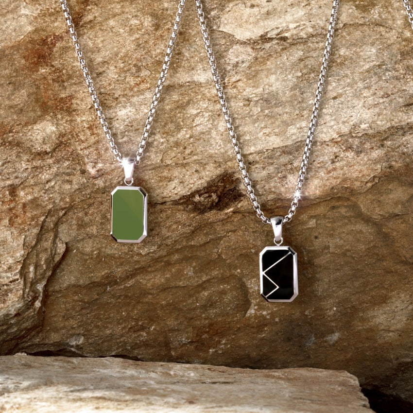Silver / Pine Green Pendant || Green Porcelain Stone Pendant Necklace with Silver Rolo Box Chain