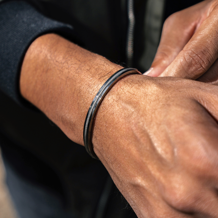 Gunmetal / Olive Green || Gunmetal Stainless Steel Adjustable Cuff Bracelet with Green Nylon Rope