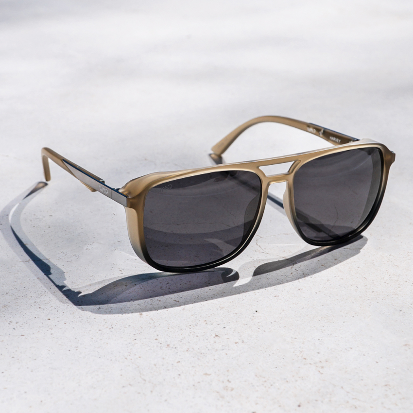 Sand Storm / Black Lens || Taupe Square Aviator Sunglasses with Black Polarized Lenses