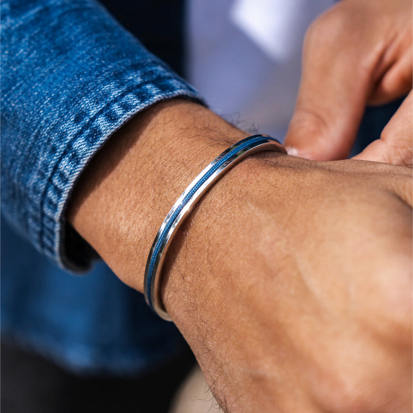 Silver / Denim Blue || Adjustable Water Resistant Men's Cuff Bracelet with Silver and Blue Details