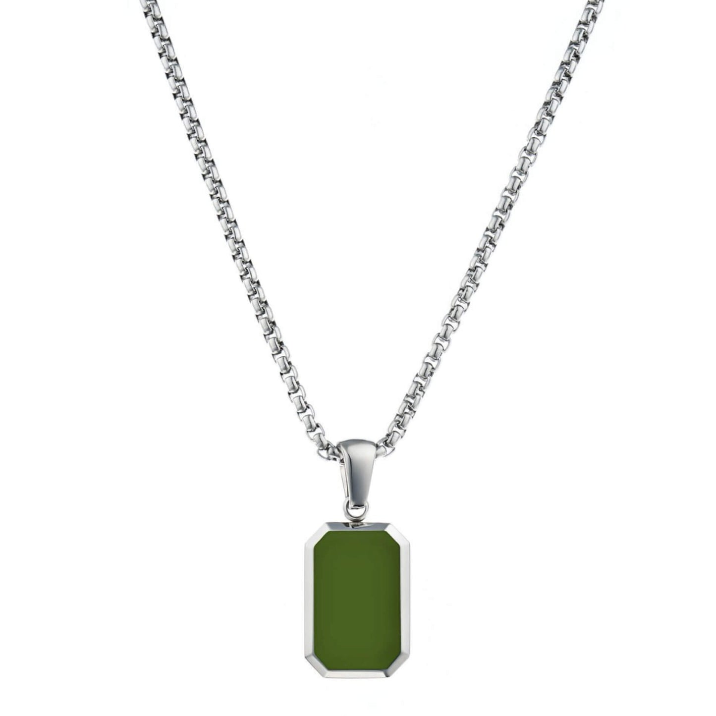 Silver / Pine Green Pendant || Handmade Geometric Polished Silver Stainless Steel Rectangular Green Pendant Necklace