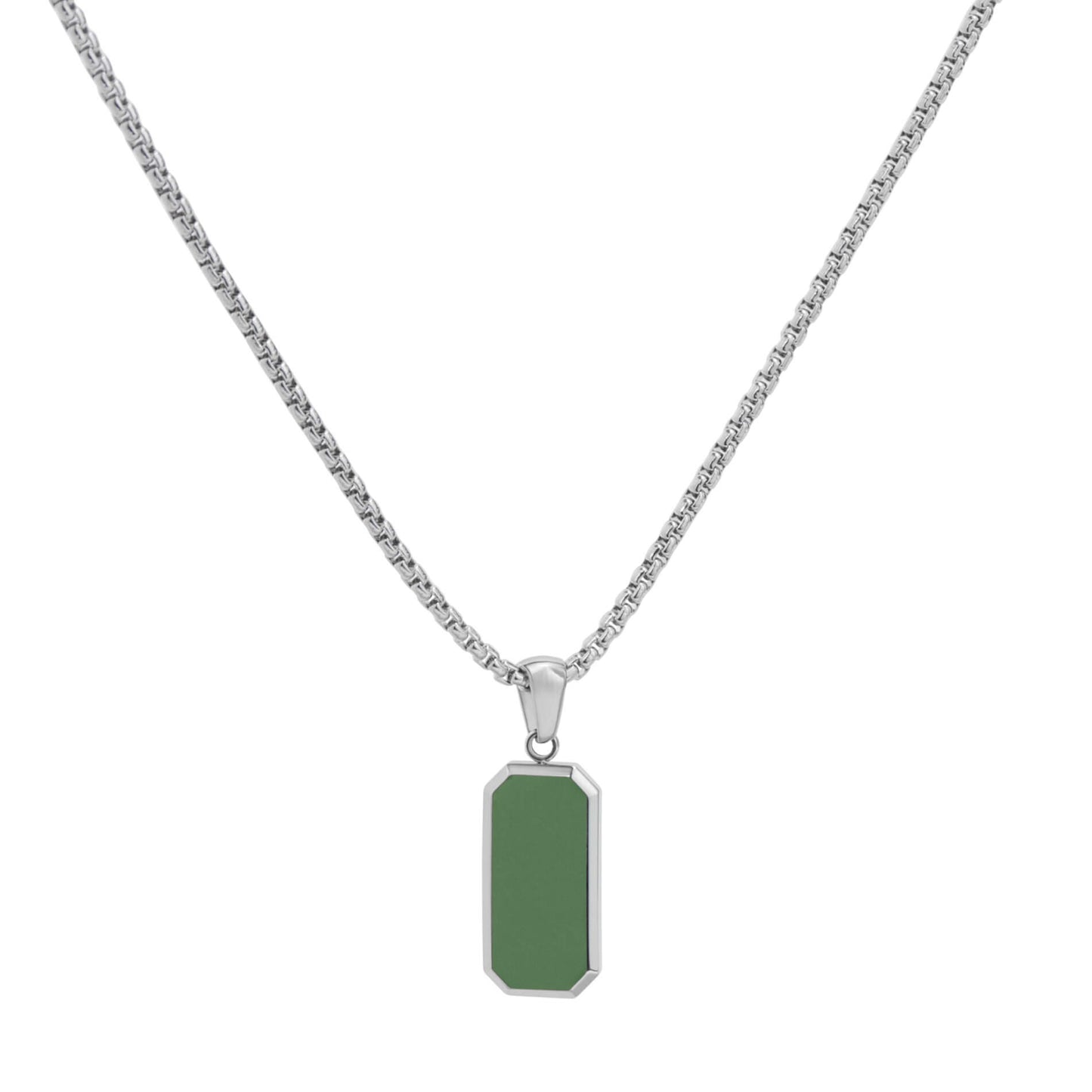 Silver / Sage Pendant || Handmade Geometric Silver Stainless Steel Elongated Rectangular Green Pendant Necklace