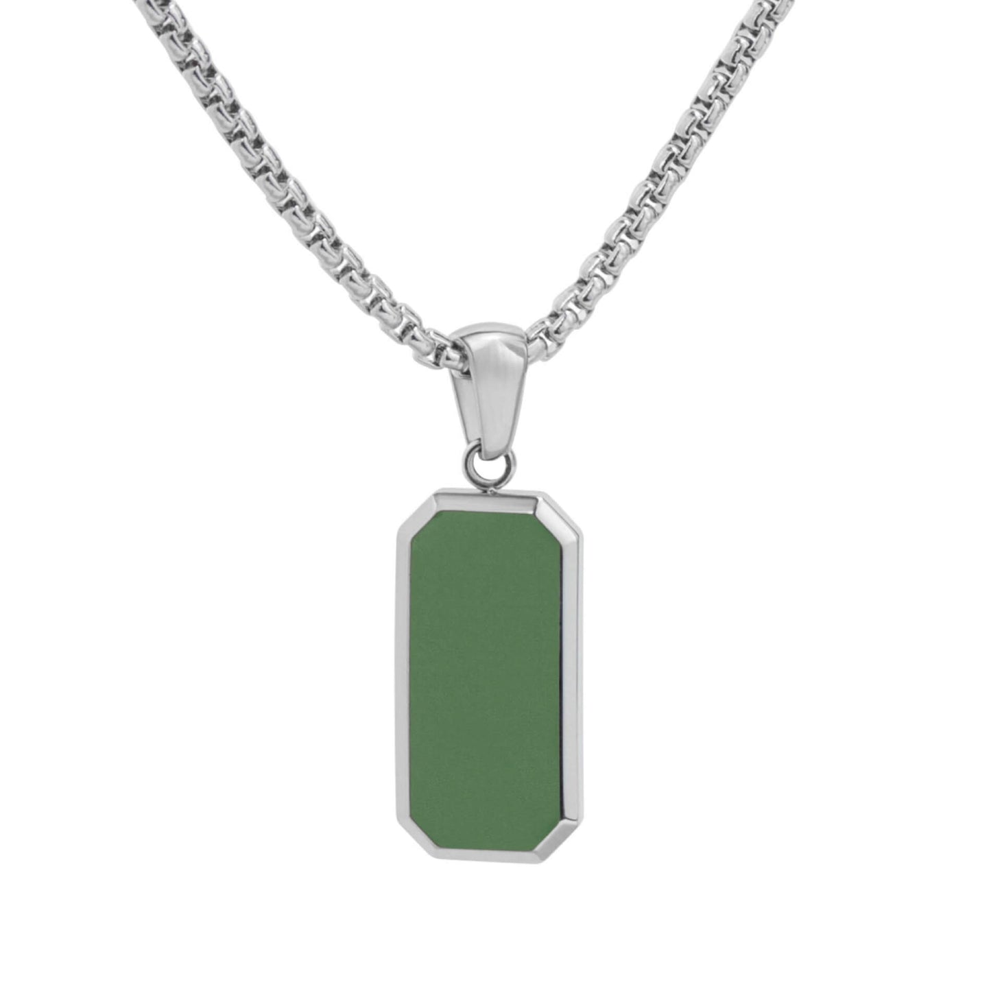 Silver / Sage Pendant || Men's Green Porcelain Stone Pendant Necklace with Silver Rolo Box Chain