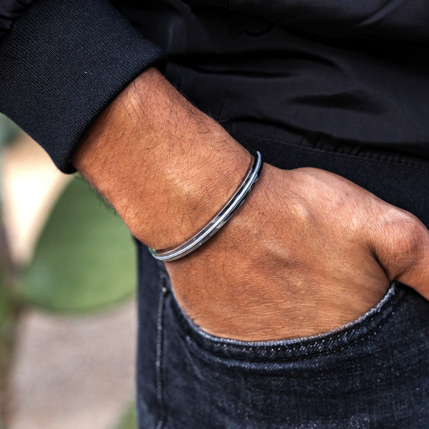 Silver / Stone Grey || Adjustable Water Resistant Men's Cuff Bracelet with Silver and Grey Details