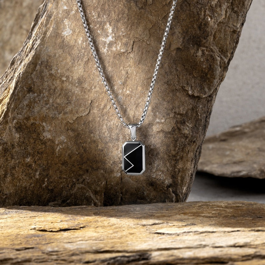 Silver / Dusk Black Pendant || Black Porcelain Stone Pendant Necklace with Silver Rolo Box Chain