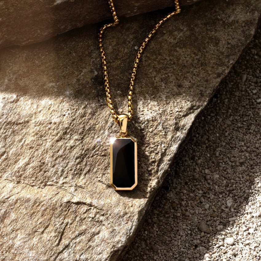 Gold / Dusk Black Pendant || Affordable Statement Necklace with Black Rectangular Pendant for Men