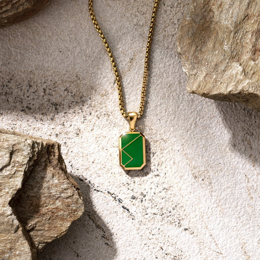 Gold / Napier Green Pendant || Green Porcelain Stone Pendant Necklace with Gold Rolo Box Chain