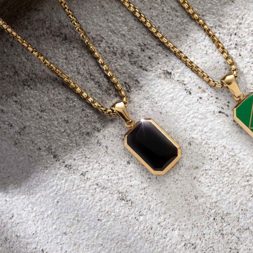 Gold / Dusk Black Pendant || Black Porcelain Stone Pendant Necklace with Gold Rolo Box Chain