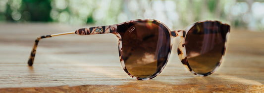 Close up of tortoiseshell sunglasses placed on a wooden surface with brown lens in natural light