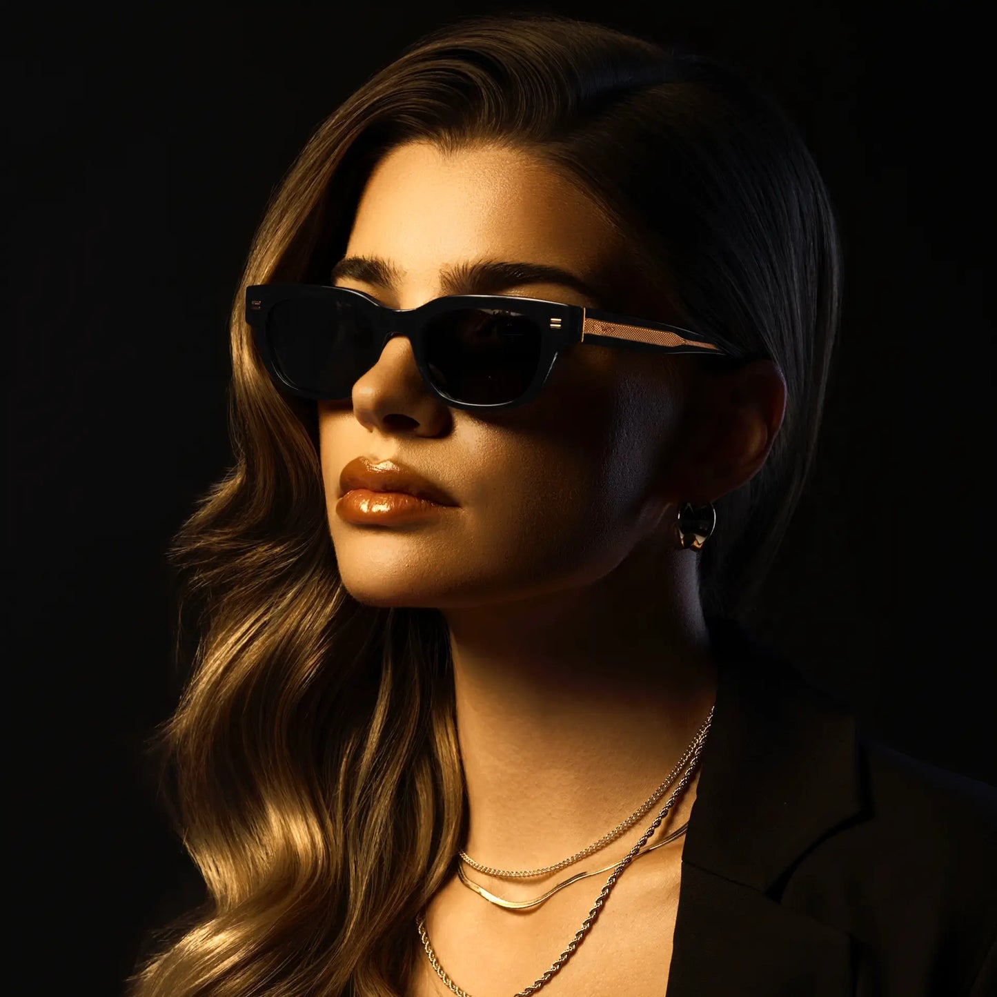 Black / Triple Black Lens || Women's Rectangular Sunglasses with Handcrafted exposed gold metal core, Black Acetate Frame and Triple Black Anti-Reflective Lens