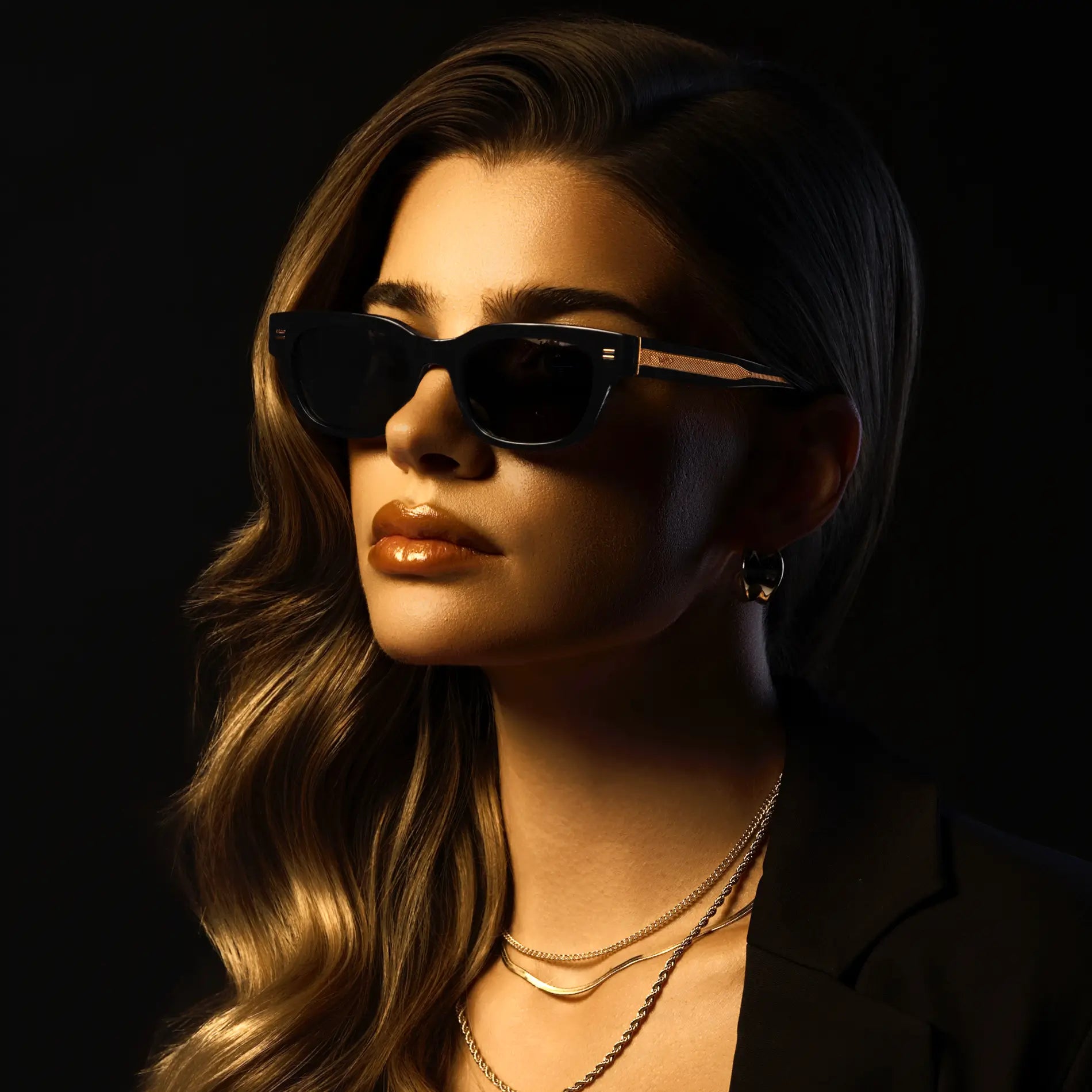 Black / Triple Black Lens || Women's Rectangular Sunglasses with Handcrafted exposed gold metal core, Black Acetate Frame and Triple Black Anti-Reflective Lens