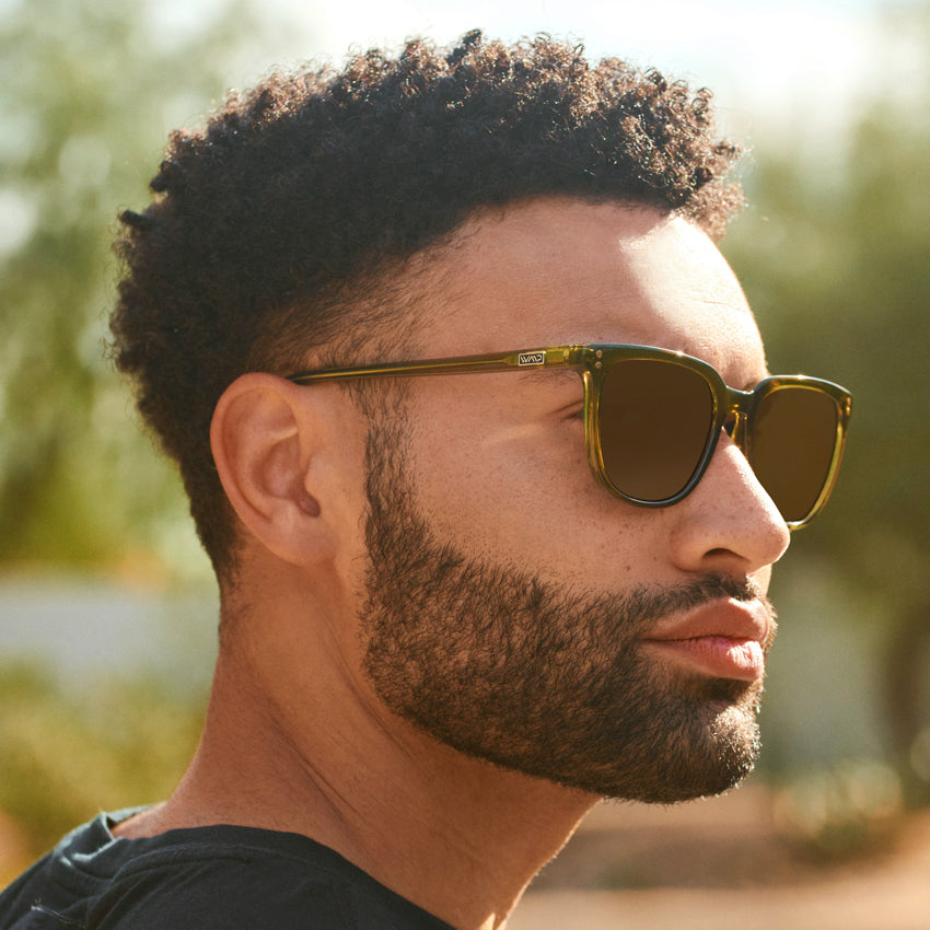 Crystal Saguaro Green / Amber Lens || Green Square Frame Sunglasses with Brown Prescription Lenses