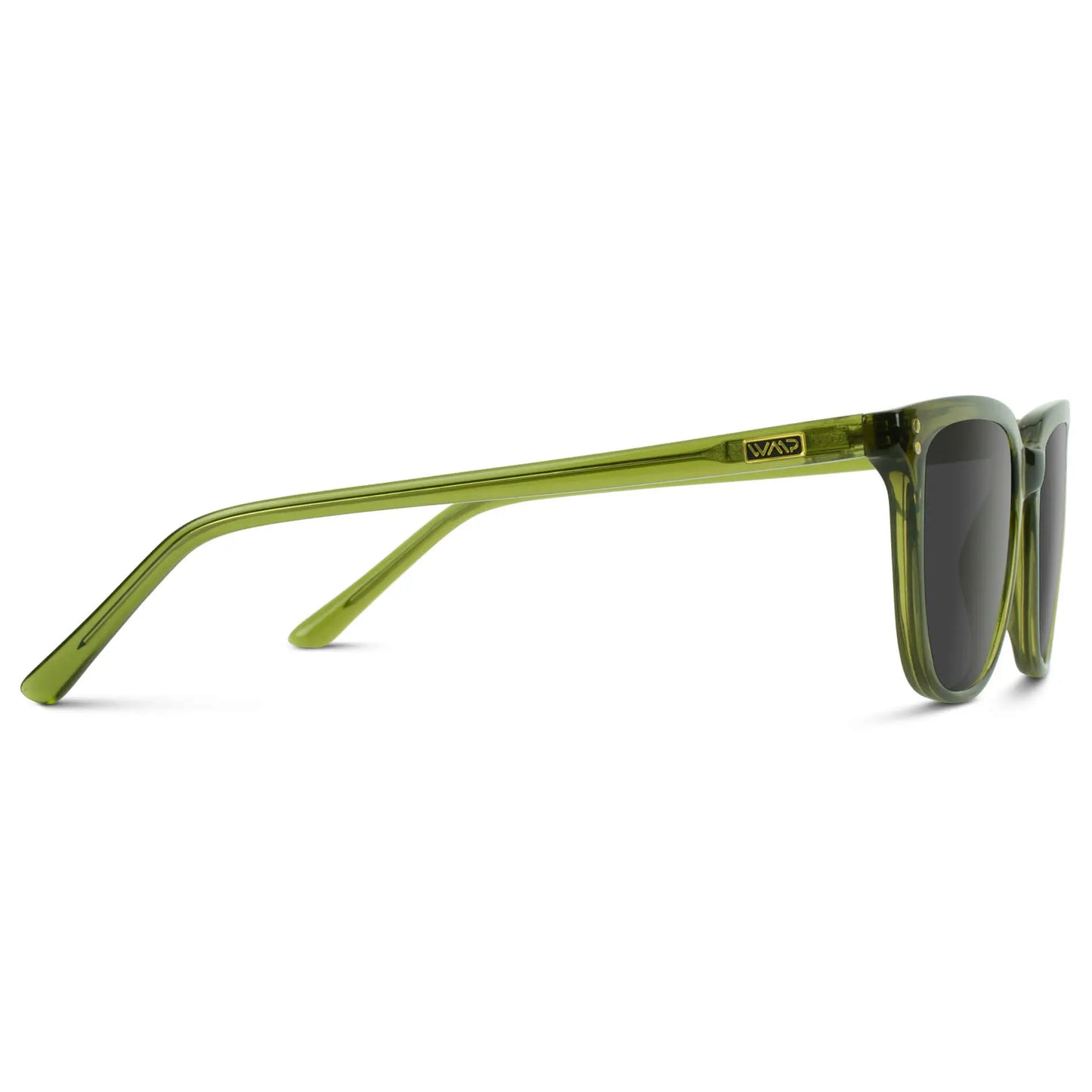 Crystal Saguaro Green / Grey || Temple view of Men's Square Prescription Sunglasses with Crystal Saguaro Green Frame and Grey Lenses on a white background