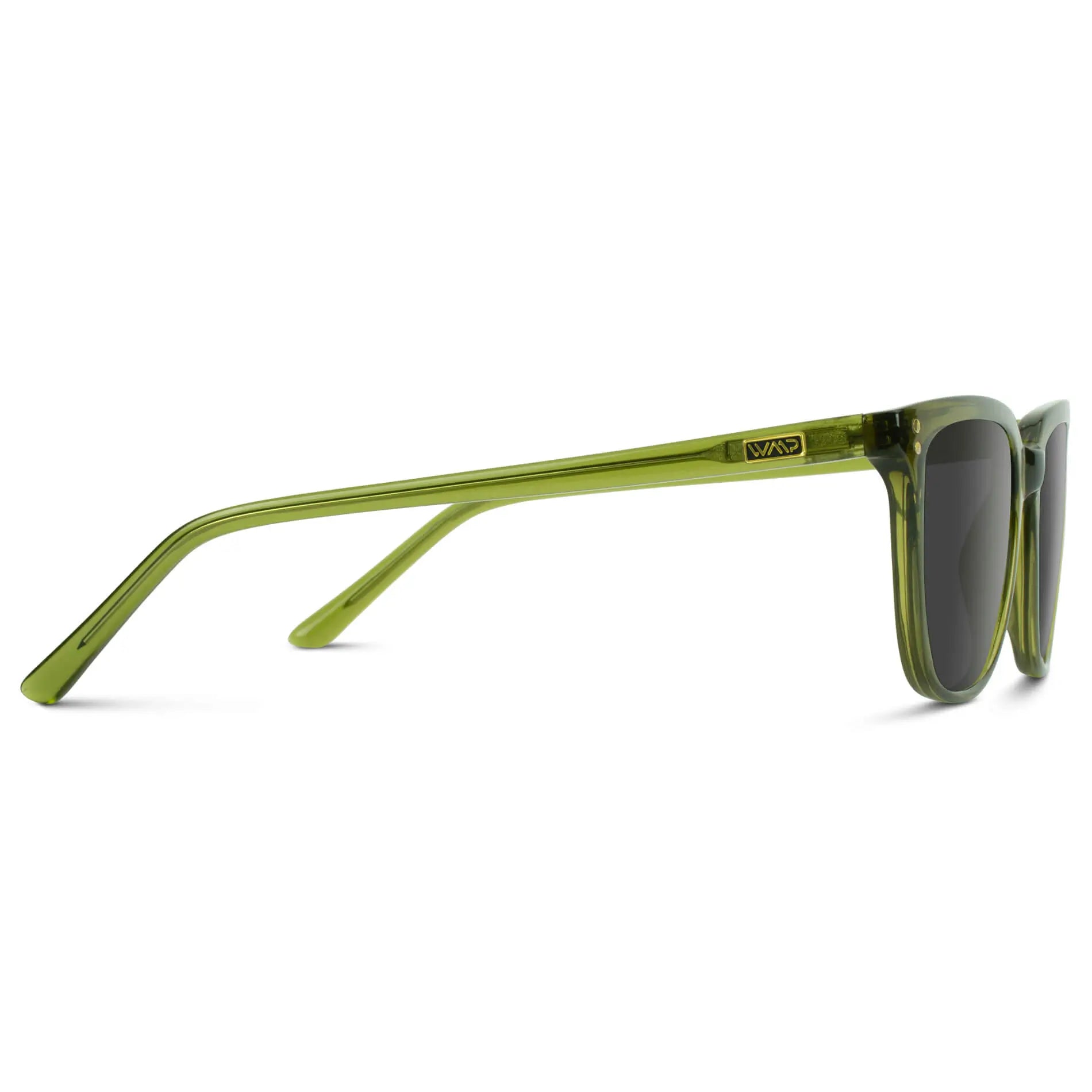 Crystal Saguaro Green / Grey || Temple view of Men's Square Prescription Sunglasses with Crystal Saguaro Green Frame and Grey Lenses on a white background