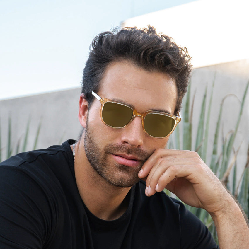 Champagne Crystal / Amber Lens || Yellow Square Frame Sunglasses with Brown Prescription Lenses