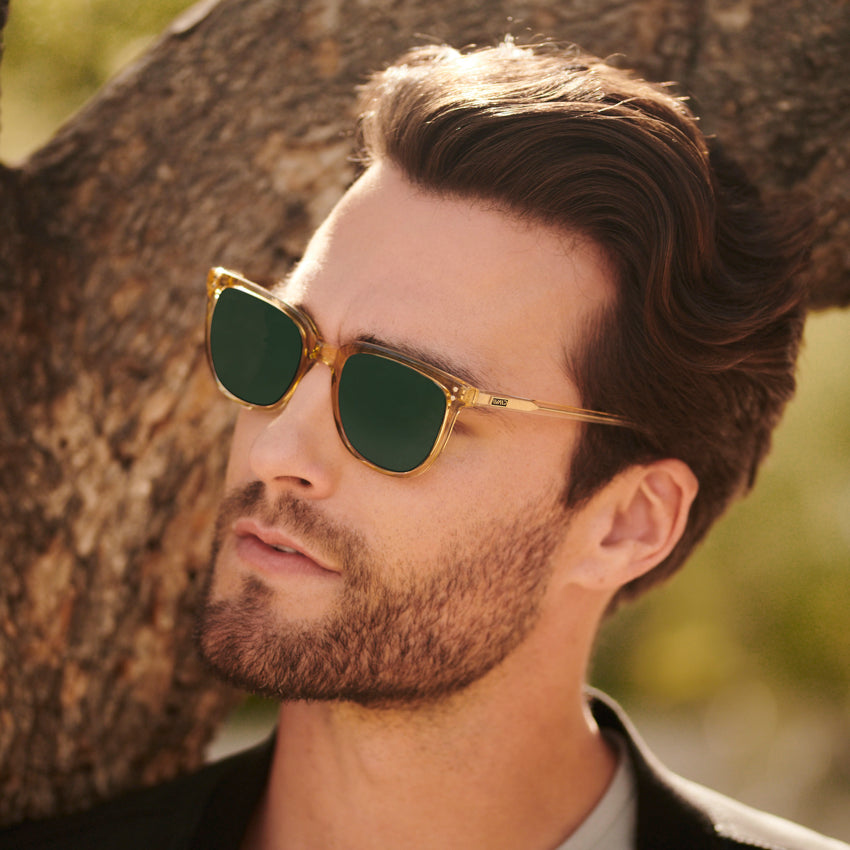 Champagne Crystal / G15 Lens || Man wearing Yellow Square Frame Sunglasses with Green Prescription Lenses