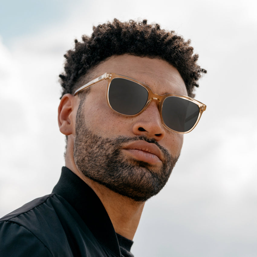 Champagne Crystal / Grey Lens || Yellow Square Frame Sunglasses with Grey Prescription Lenses