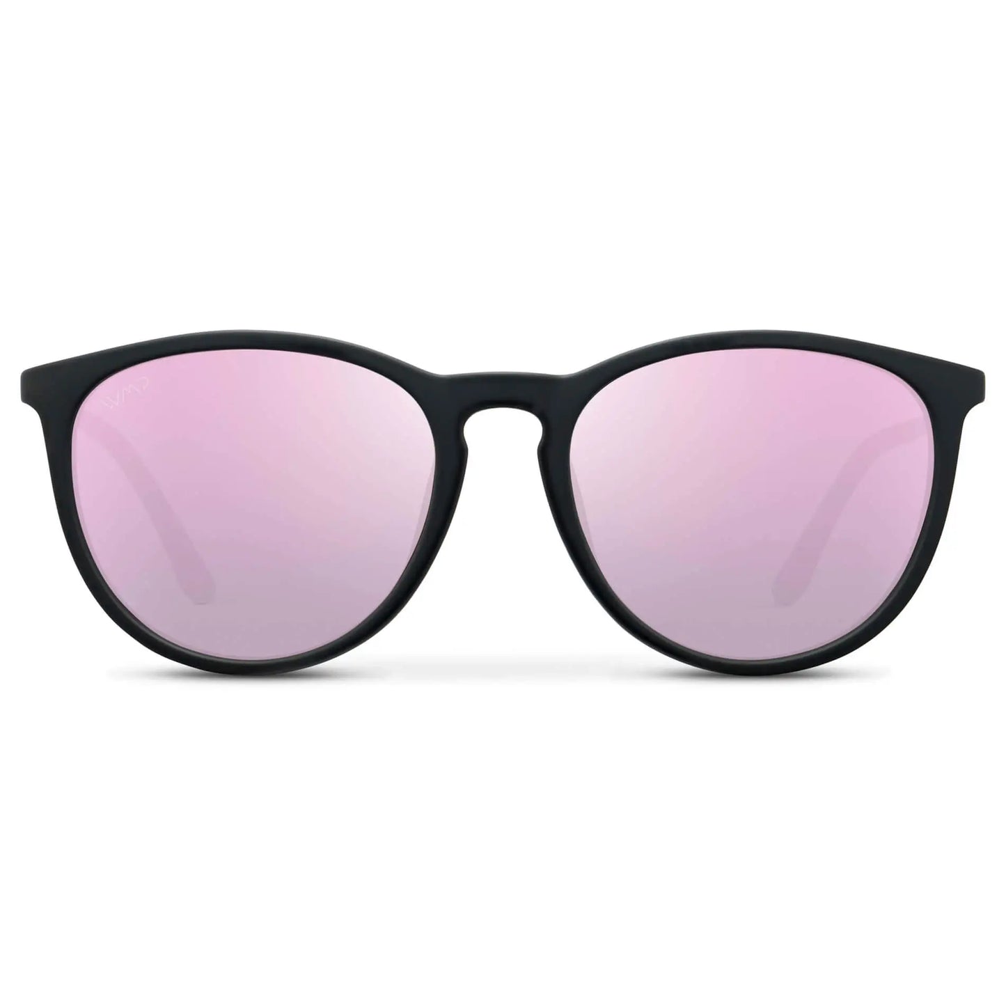 Soft Black / Mirror Pink || Classic Round Frame Sunglasses with Black Frame and Mirror Pink Polarized Lenses
