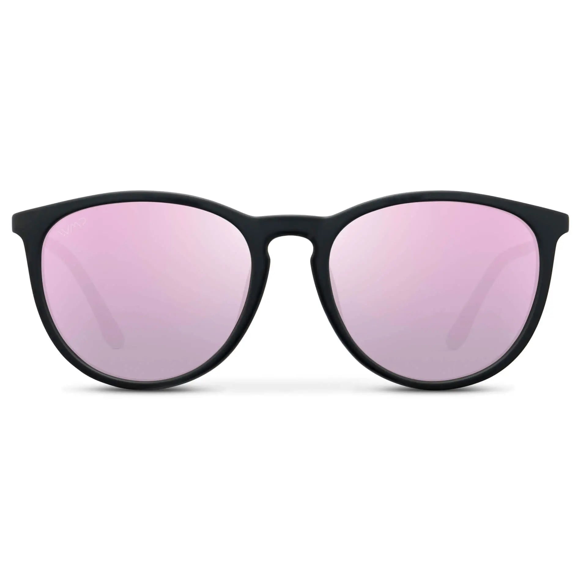Soft Black / Mirror Pink || Classic Round Frame Sunglasses with Black Frame and Mirror Pink Polarized Lenses