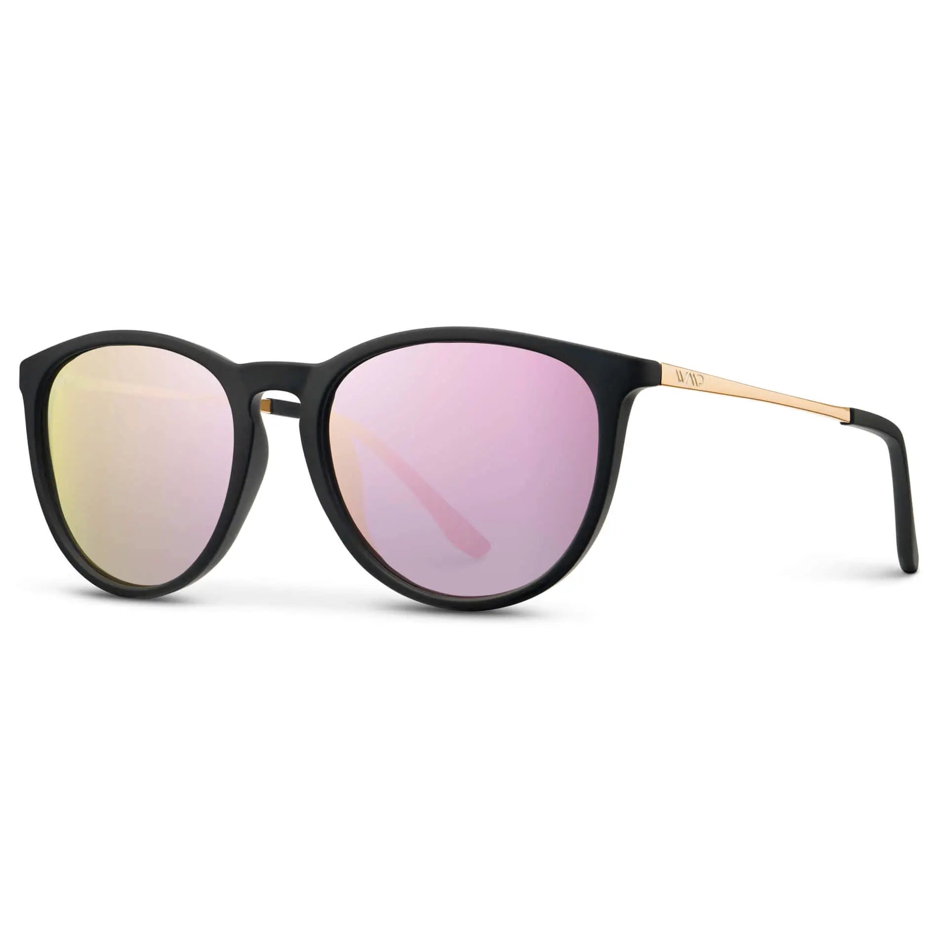 Soft Black / Mirror Pink || Classic Round Frame Sunglasses with Black Frame and Mirror Pink Polarized Lenses
