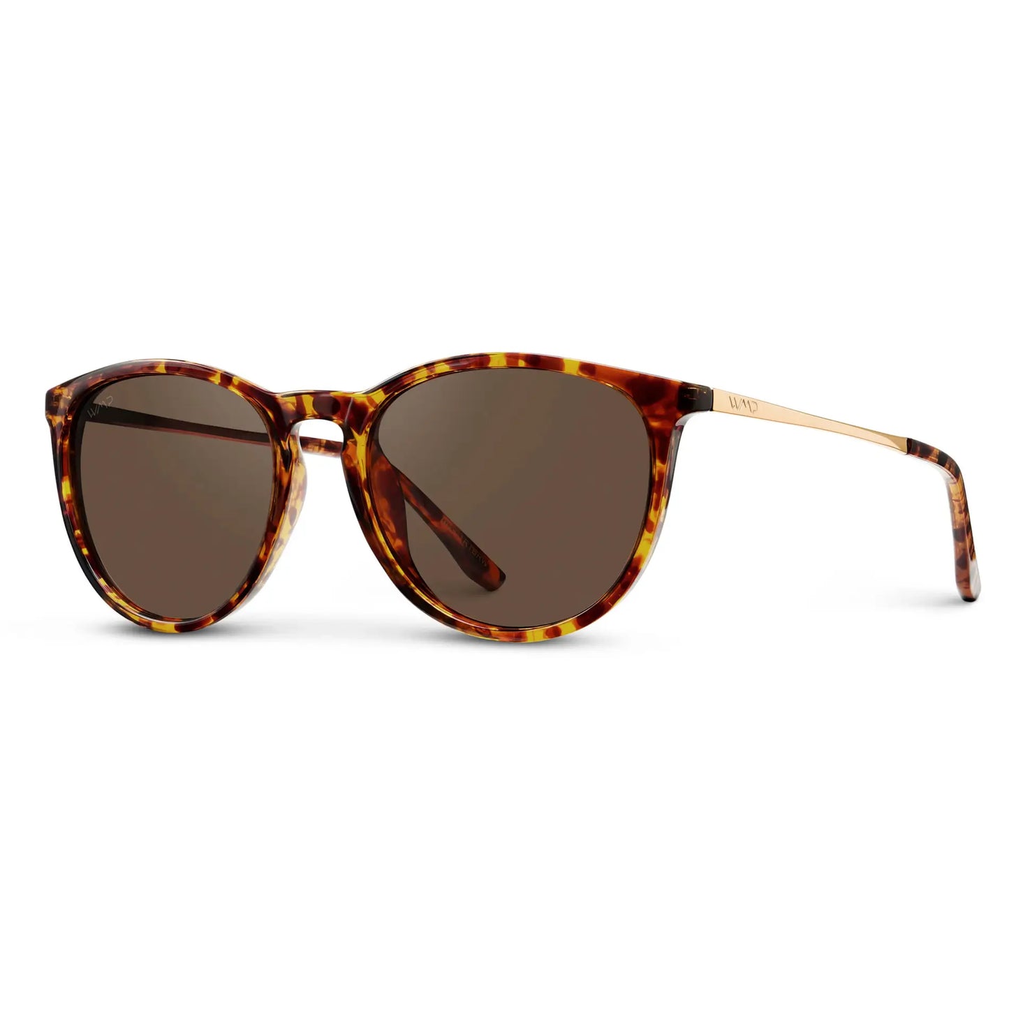 Black Case || Round sunglasses with tortoiseshell frame and brown lenses on white background